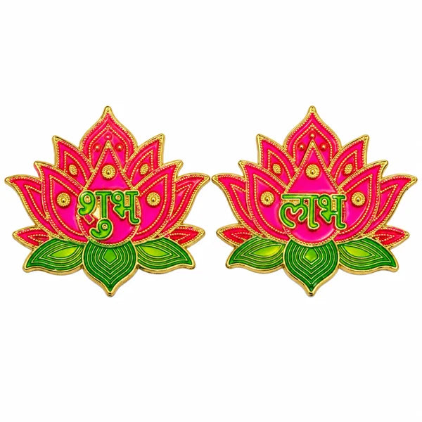 Pink lotus Shubh Labh sticker pair with green leaves, gold outlines and green Hindi lettering