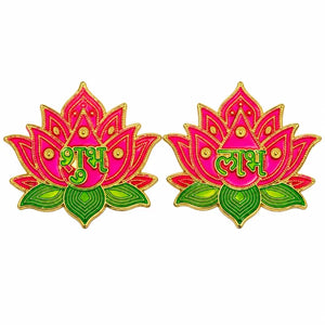 Pink lotus Shubh Labh sticker pair with green leaves, gold outlines and green Hindi lettering