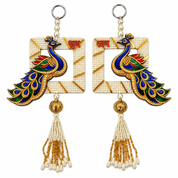 Diwali Shubh Labh Peacock Hanging - 10 Inch (Pair) on white background