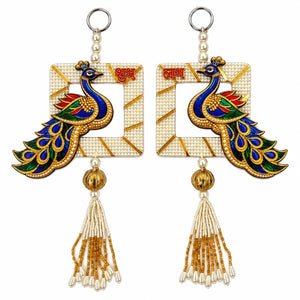 Diwali Shubh Labh Peacock Hanging - 10 Inch (Pair) on white background
