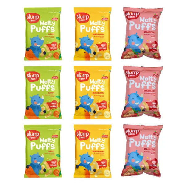 Slurrp Farm three-flavour melty puffs multipack, nine 15g packs