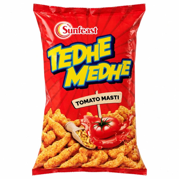 Sunfeast Tedhe Medhe Tomato Masti snack packet on a white background