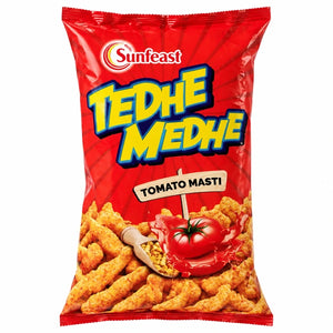 Sunfeast Tedhe Medhe Tomato Masti snack packet on a white background