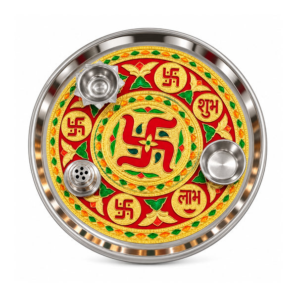Swastik Shubh Labh Puja Thali, one piece centred on white background