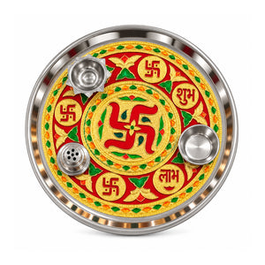 Swastik Shubh Labh Puja Thali, one piece centred on white background