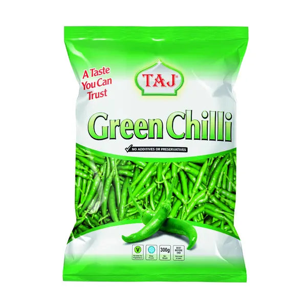 Taj frozen whole green chillies in 300g retail pack