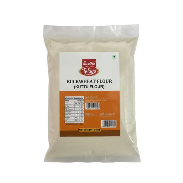 Telugu Foods Buckwheat Flour (Kuttu Flour) 500g pack on a white background