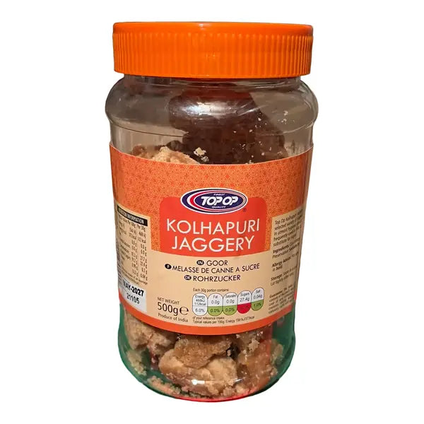 Topop Kolhapuri jaggery 500g clear jar with orange lid