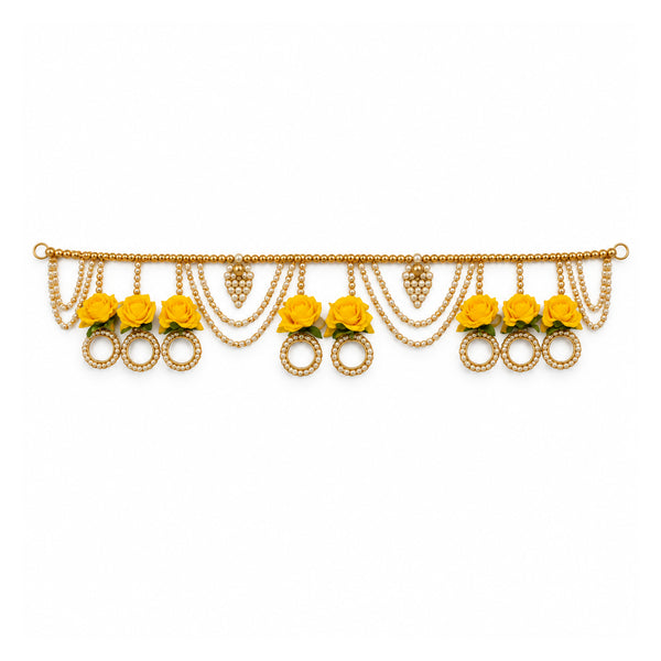 Traditional golden moti and rose flower toran, 43 inch on white background
