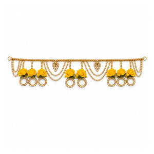 Traditional golden moti and rose flower toran, 43 inch on white background
