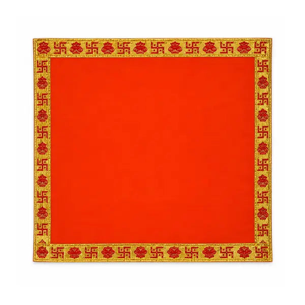 Traditional red Puja Aasan 16 by 16 inch with gold auspicious border on white background