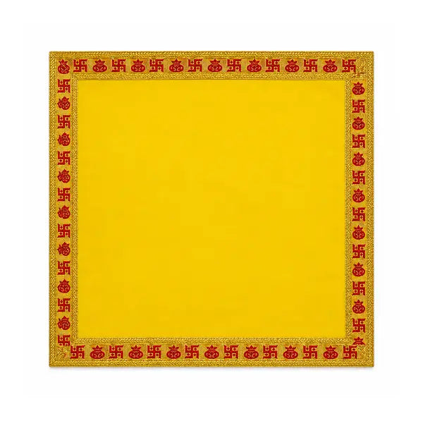 Traditional yellow Puja Aasan 16 by 16 inch with gold auspicious border on white background