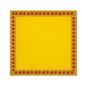 Traditional yellow Puja Aasan 16 by 16 inch with gold auspicious border on white background