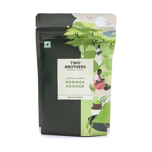 Two Brothers Organic Farms Moringa Powder 100g pouch on white background