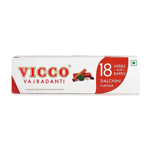 Vicco Vajradanti Dalchini Flavour Toothpaste 160g carton on white background
