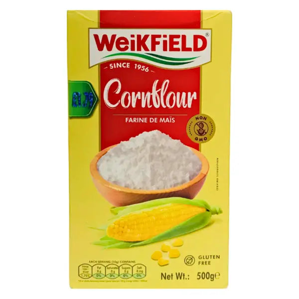 Weikfield cornflour 500g retail carton on white background