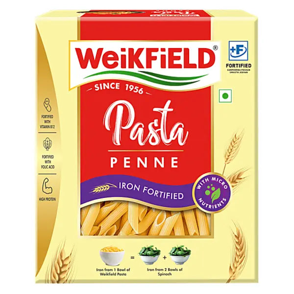 Weikfield enriched penne pasta 400g retail carton on white