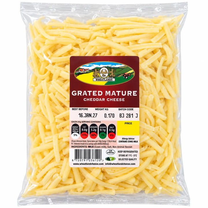 Wheatland Grated Mature Cheddar 170g clear pack with brown label