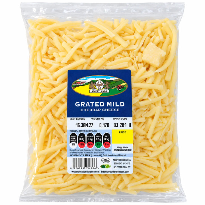 Wheatland Grated Mild Cheddar 170g clear pack with blue label